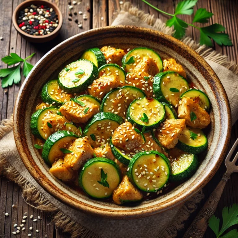DALL·E 2025-03-20 19.49.36 - A delicious stir-fry dish featuring tender chicken pieces and zucchini slices, cooked to perfection in a light, savory sauce. The dish is garnished wi