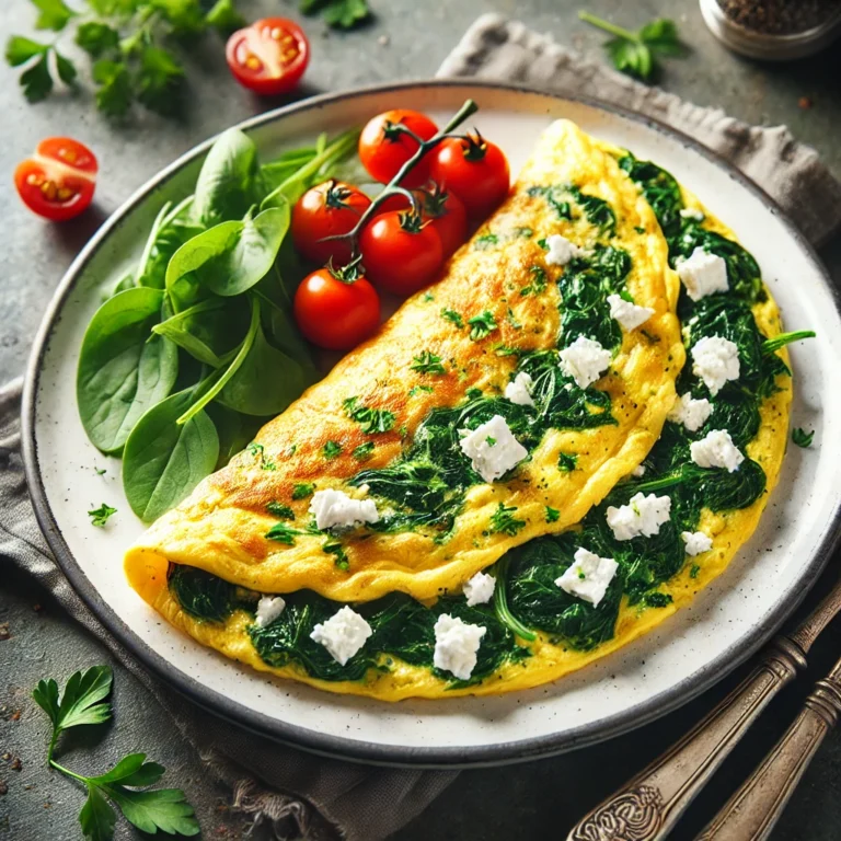 DALL·E 2025-03-20 21.29.52 - A fluffy spinach and feta omelette, golden on the outside with vibrant green spinach and crumbled white feta inside. The omelette is served on a white