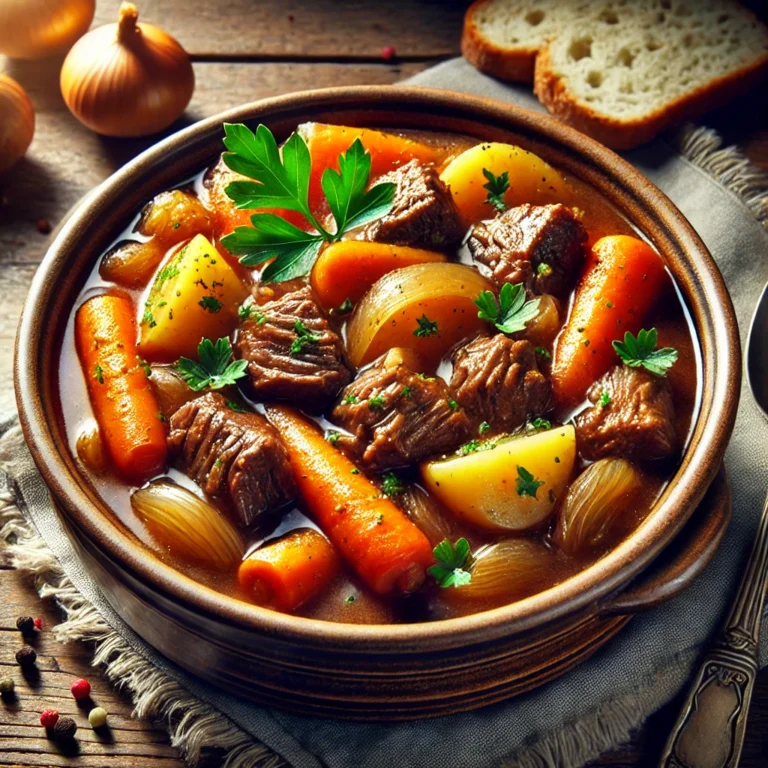 DALL·E 2025-03-20 21.33.47 - A hearty beef stew cooked in a slow cooker, featuring tender chunks of beef, carrots, potatoes, and onions in a rich, savory broth. The stew is served