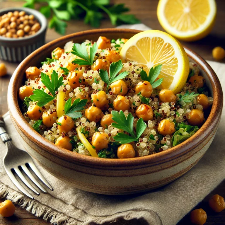 DALL·E 2025-03-20 21.36.50 - A delicious vegan quinoa salad served in a rustic bowl. The salad features fluffy quinoa, crispy roasted chickpeas, fresh parsley, and a tangy lemon d