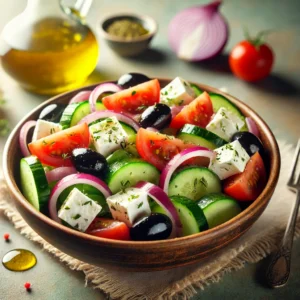 DALL·E 2025-03-24 00.05.37 - A fresh and vibrant Greek salad served in a rustic bowl. The salad includes chopped cucumbers, cherry tomatoes, red onions, black olives, and feta che