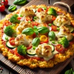 DALL·E 2025-03-24 00.08.11 - A delicious and healthy cauliflower crust pizza topped with fresh vegetables and melted cheese, served on a wooden board. The crust is golden and cris