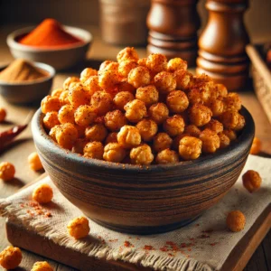 DALL·E 2025-03-24 17.06.33 - A delicious and crispy batch of roasted chickpeas seasoned with paprika and garlic powder, served in a rustic bowl. The chickpeas are golden brown and